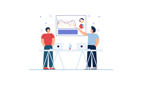 Employees discussing, business concept in office with people character illustration