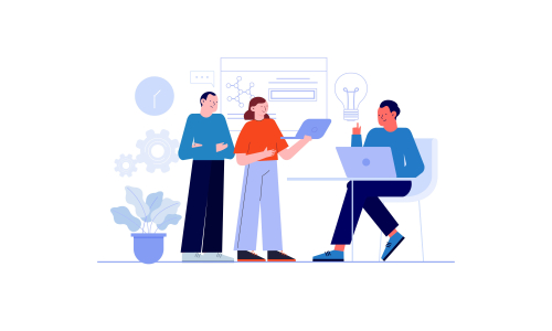 Employees discussing, business concept in office with people character illustration