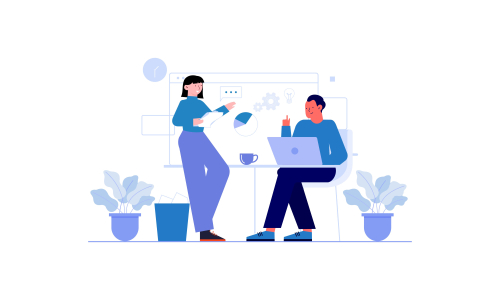 Employees discussing, business concept in office with people character illustration