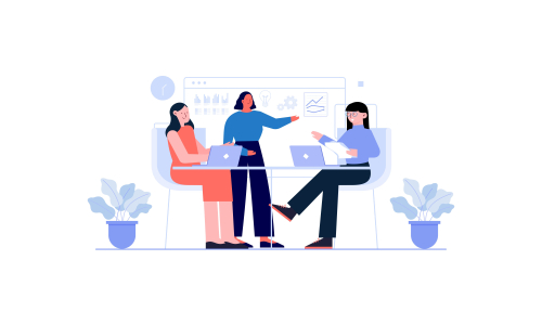 Employees discussing, business concept in office with people character illustration