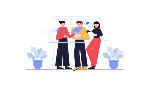 Employees discussing, business concept in office with people character illustration
