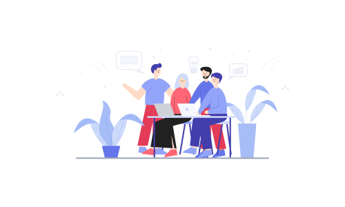 Employees discussing, business concept in office with people character illustration