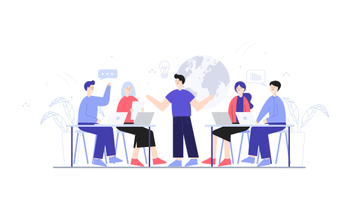 Employees discussing, business concept in office with people character illustration