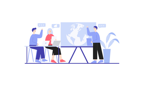 Employees discussing, business concept in office with people character illustration
