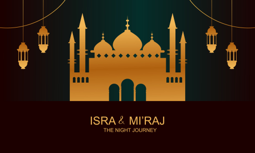 Al-isra wal mi'raj means the night journey of prophet muhammad brochure or background template