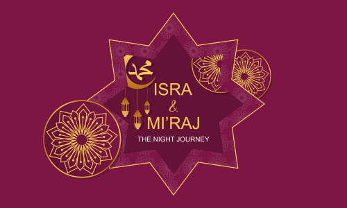Al-isra wal mi'raj means the night journey of prophet muhammad brochure or background template