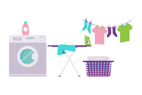 Laundry room equipment. Laundry room, washing machine, basket, iron, ironing board, drying clothes,