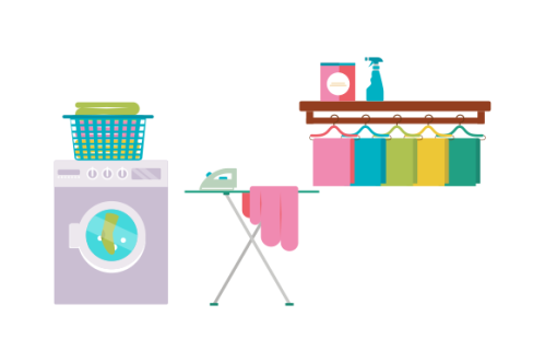 Laundry room equipment. Laundry room, washing machine, basket, iron, ironing board, drying clothes,