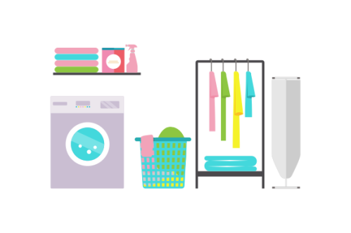 Laundry room equipment. Laundry room, washing machine, basket, iron, ironing board, drying clothes,