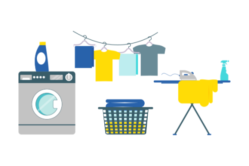Laundry room equipment. Laundry room, washing machine, basket, iron, ironing board, drying clothes,