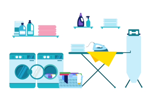 Laundry room equipment. Laundry room, washing machine, basket, iron, ironing board, drying clothes,