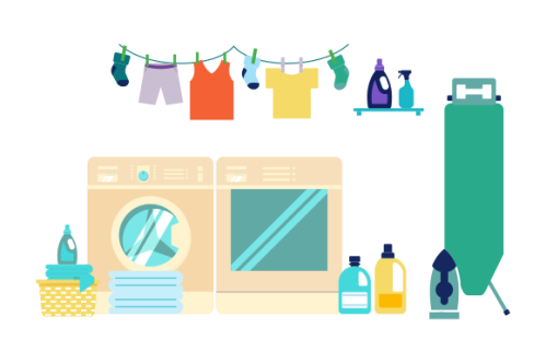 Laundry room equipment. Laundry room, washing machine, basket, iron, ironing board, drying clothes,