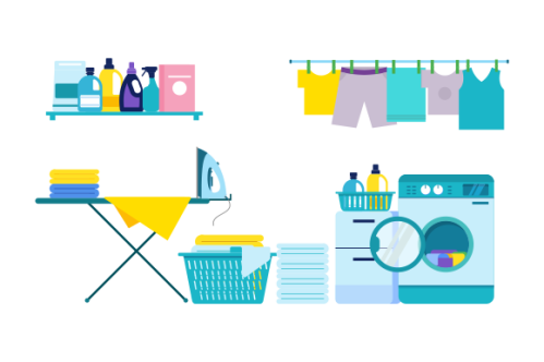 Laundry room equipment. Laundry room, washing machine, basket, iron, ironing board, drying clothes,