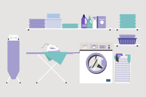 Laundry room equipment. Laundry room, washing machine, basket, iron, ironing board, drying clothes,