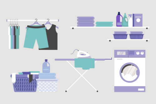 Laundry room equipment. Laundry room, washing machine, basket, iron, ironing board, drying clothes,