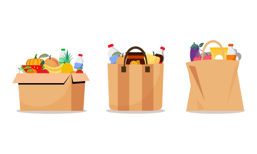 Grocery bags set. plastic and paper packages, supermarket basket with food packs, cans, bread, milk
