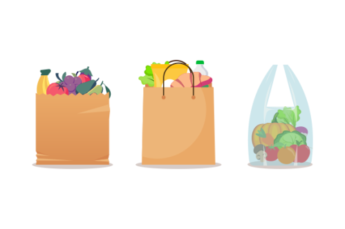 Grocery bags set. plastic and paper packages, supermarket basket with food packs, cans, bread, milk