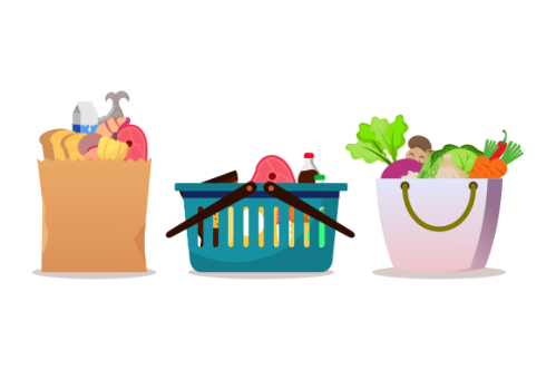 Grocery bags set. plastic and paper packages, supermarket basket with food packs, cans, bread, milk