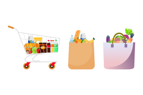 Grocery bags set. plastic and paper packages, supermarket basket with food packs, cans, bread, milk