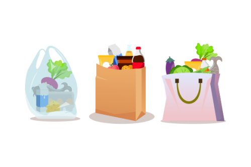 Grocery bags set. plastic and paper packages, supermarket basket with food packs, cans, bread, milk