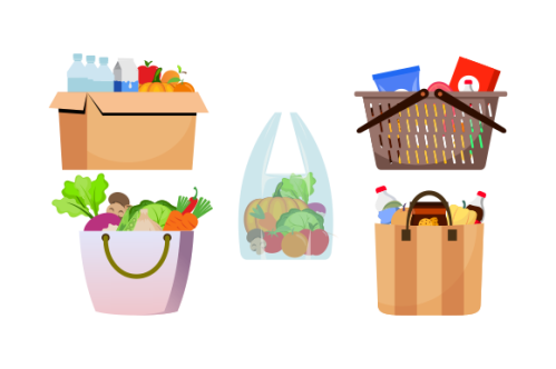 Grocery bags set. plastic and paper packages, supermarket basket with food packs, cans, bread, milk