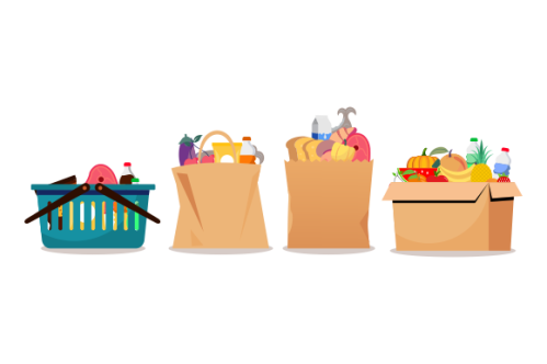 Grocery bags set. plastic and paper packages, supermarket basket with food packs, cans, bread, milk