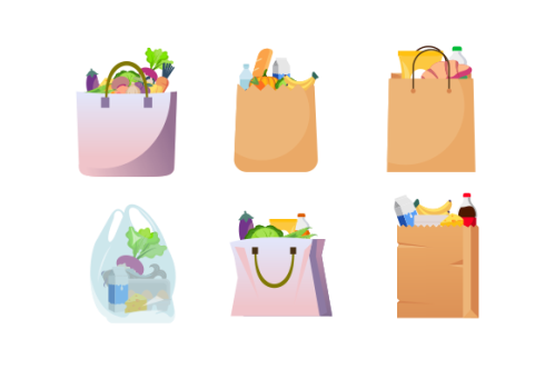 Grocery bags set. plastic and paper packages, supermarket basket with food packs, cans, bread, milk