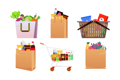 Grocery bags set. plastic and paper packages, supermarket basket with food packs, cans, bread, milk