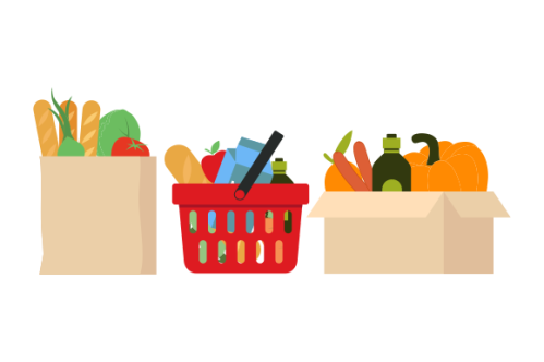 Grocery bags set. plastic and paper packages, supermarket basket with food packs, cans, bread, milk