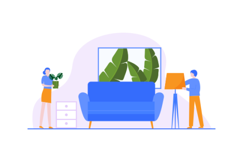 Young couple setting up home illustration. Living room interior