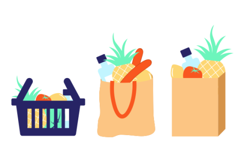 Grocery bags set. plastic and paper packages, supermarket basket with food packs, cans, bread, milk