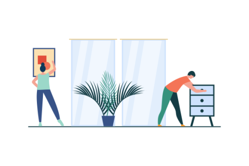 Young couple setting up home illustration. Living room interior