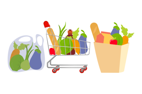 Grocery bags set. plastic and paper packages, supermarket basket with food packs, cans, bread, milk