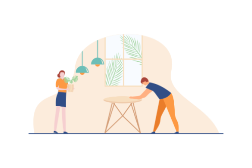 Young couple setting up home illustration. Living room interior