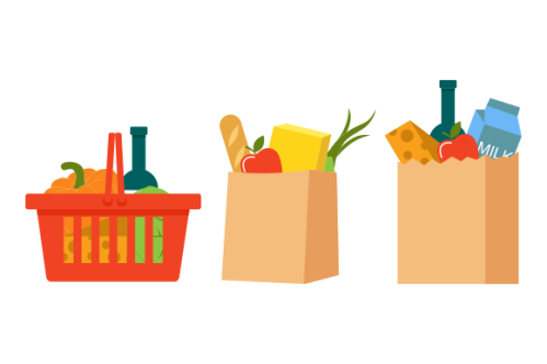 Grocery bags set. plastic and paper packages, supermarket basket with food packs, cans, bread, milk