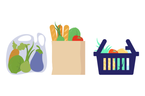 Grocery bags set. plastic and paper packages, supermarket basket with food packs, cans, bread, milk