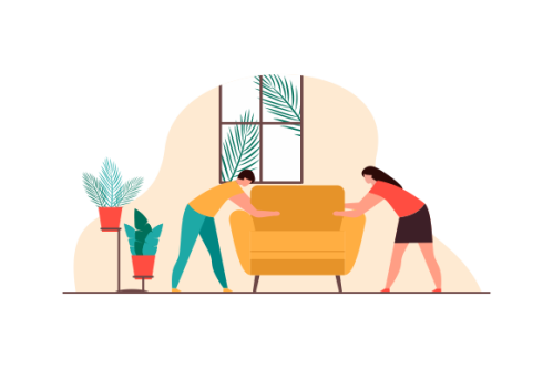 Young couple setting up home illustration. Living room interior