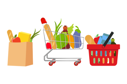 Grocery bags set. plastic and paper packages, supermarket basket with food packs, cans, bread, milk
