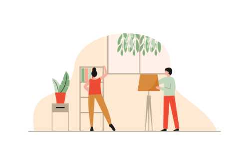 Young couple setting up home illustration. Living room interior