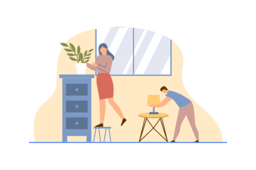 Young couple setting up home illustration. Living room interior