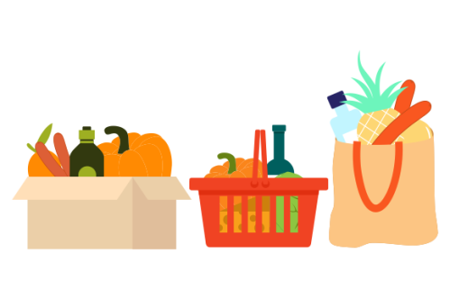 Grocery bags set. plastic and paper packages, supermarket basket with food packs, cans, bread, milk