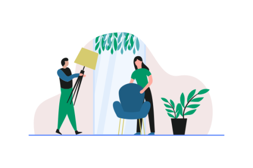 Young couple setting up home illustration. Living room interior