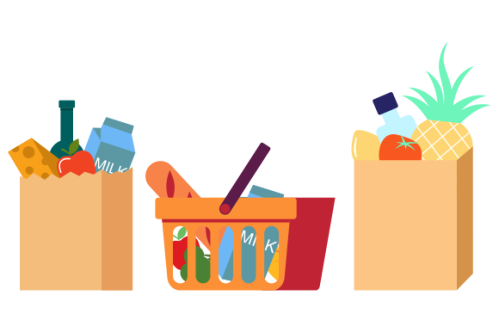 Grocery bags set. plastic and paper packages, supermarket basket with food packs, cans, bread, milk