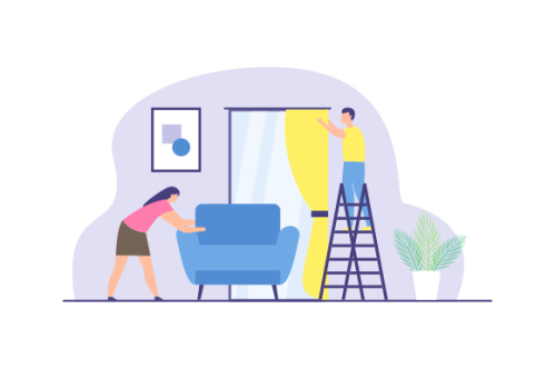Young couple setting up home illustration. Living room interior