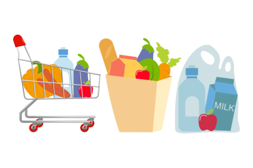 Grocery bags set. plastic and paper packages, supermarket basket with food packs, cans, bread, milk