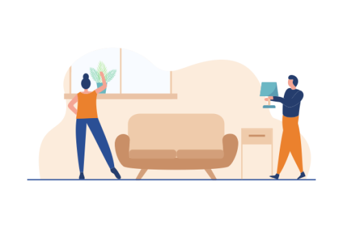 Young couple setting up home illustration. Living room interior