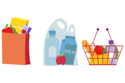 Grocery bags set. plastic and paper packages, supermarket basket with food packs, cans, bread, milk