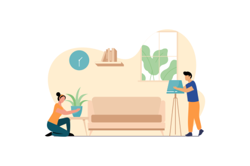Young couple setting up home illustration. Living room interior