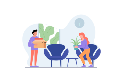 Young couple setting up home illustration. Living room interior