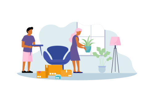 Young couple setting up home illustration. Living room interior
